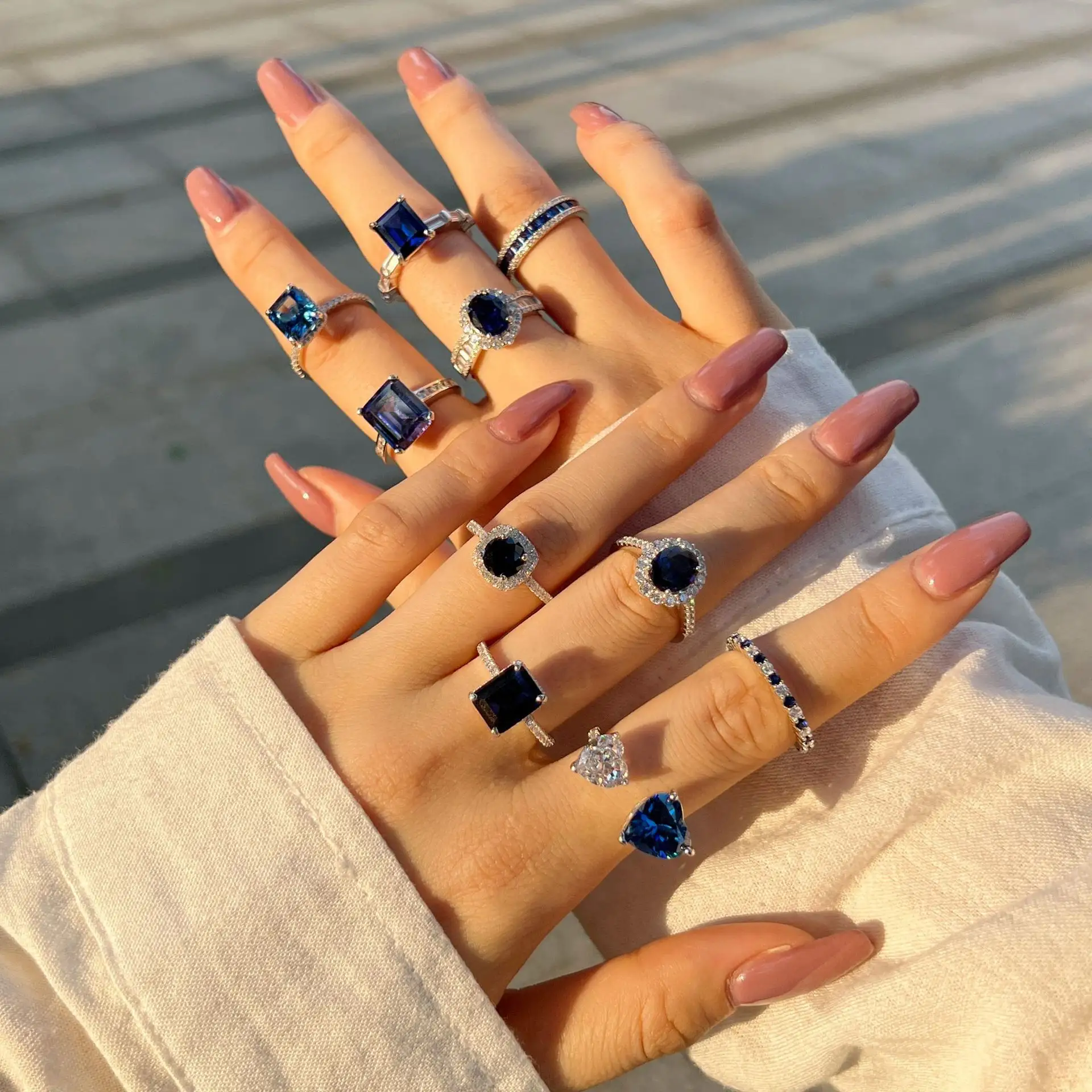 Fine s925 Sterling Silver blue Big Diamond Ring Fashion temperament square Zirconia high carbon diamond rings jewelry