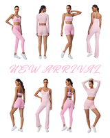 Ensemble de yoga pour femmes de fabricant de vêtements de sport haut de gamme, extensible dans les 4 sens, avec brassière de sport bandeau à bord festonné rose et short cycliste taille haute