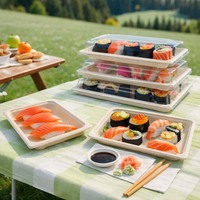 Barquette à sushi jetable en bagasse de canne à sucre de 9,5 pouces avec couvercle transparent, conteneur alimentaire biodégradable à emporter pour sushi et salade