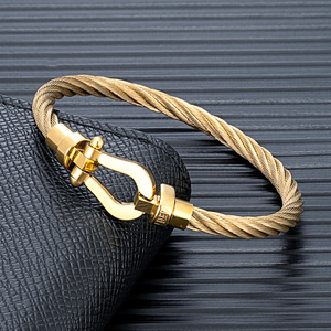 Stainless Steel Wire Rope <b>Bracelet</b> Horseshoe Magnetic Clasp Unisex Industrial Style <b>Bangle</b> Gold <b>Silver</b> Steel - Product Image 1