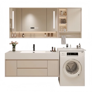 Meuble de salle de bain intelligent moderne avec miroir LED anti-buée, blanc, mural, avec comptoir en mélamine laqué - Product Image 3