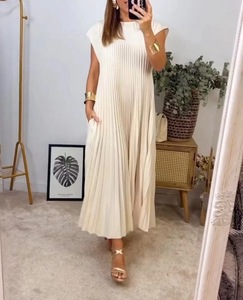 Robe jupe longue à la mode pour femmes avec col rond et détail plissé sans manches respirant bureau dame Style vêtements - Product Image 6