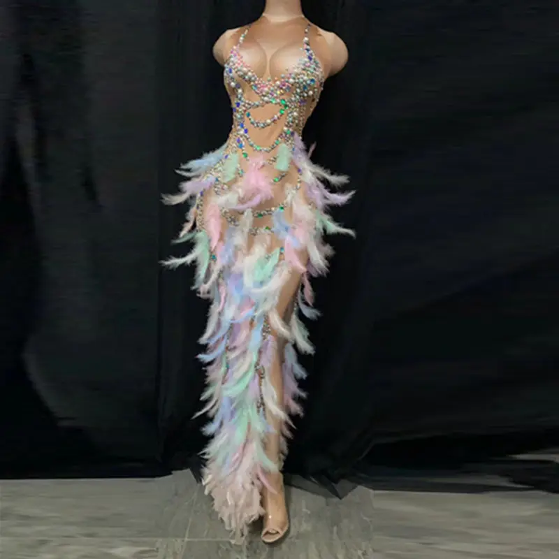 Vestido De Gala Strass Kleid Party Sexy Ärmellose Performance Wear High Slit Fransen Samt Feder Prom Kleid