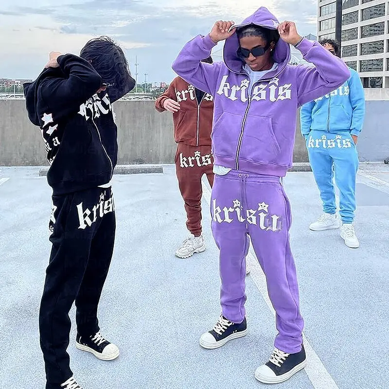 High quality french terry sweatsuits custom 2 piece 100% cotton sweat suits full zip up mens hoodie and joggers sweat pants set