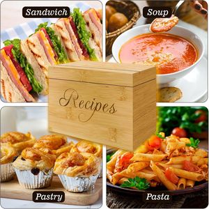 Boîte à recettes en bois massif, rectangulaire, avec couvercle rabattable, pour ranger les recettes de cuisine, avec séparateurs et cartes - Product Image 5