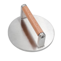 Presse à hamburger en acier inoxydable antiadhésive avec poignée en bois, finition argentée polie, diamètre 150 mm, épaisseur 8 mm, pour bacon, viande hachée, saucisse