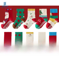 Lot de 5 paires de chaussettes antidérapantes de Noël pour bébés, mi-mollet, en coton, pour trampoline et yoga, collection Noël pour bébés et enfants