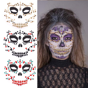 Autocollants de tatouage de crâne en strass pour Halloween, décorations faciales en cristal auto-adhésives pour maquillage de fête - Product Image 1