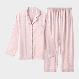 Women's <strong>Plus</strong> <strong>Size</strong> Ice <strong>Silk</strong> Jacquard Satin Suit Long Sleeve Pajamas Elastic Waist for Spring Summer Wholesale Home Clothes - Product Image 1