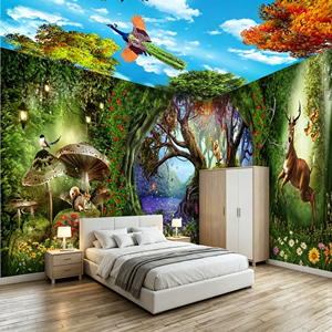 Carta da Parati Impermeabile 3D con Motivo Alce nella Foresta, Sfondo per Soffitto e Parete, Carta da Parati in Seta Stile Chinoiserie, Carta da Parati a Larghezza Extra - Product Image 3