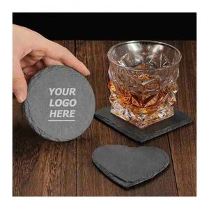 Natural Slate Coasters Set - Round, Square & Heart-Shaped Stone Drink Coasters with Engraved Designs, Heat-Resistant for Home & - Product Image 1