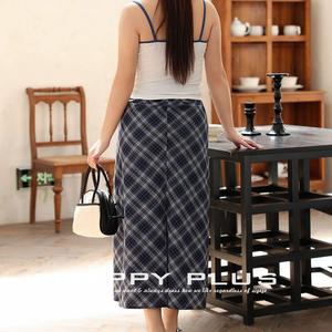 Jupe midi Happy Plus à carreaux bleus, taille naturelle, en coton, grande taille, pour femme, avec fente arrière, style preppy - Product Image 2