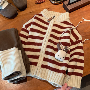 Tongxingyuan <b>Girls</b> Knitted <b>Cardigan</b> Set Stripe Thickening Cotton Woolen Autumn Winter Children Outfits - Product Image 2