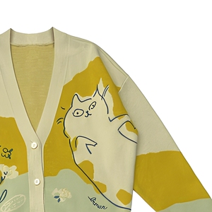 Fresh Color Block <strong>cat</strong> Knit <strong>Cardigan</strong> for Women Yellow Light Green V-neck Loose Casual Literary Style Button Sweater j - Product Image 3