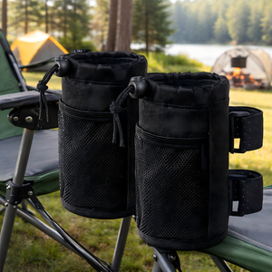 Custom Universal Cup Holder with <b>Net</b> Pocket and Cord Lock for Bike Scooter Wheelchair Golf Cart Beach Chair Black - Product Image 1