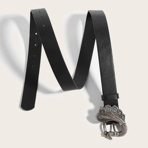 <span class=keywords><strong>Ceinture</strong></span> vintage pour femmes en PU noir avec boucle en alliage argenté antique incrustée de strass bleus - Product Image 4