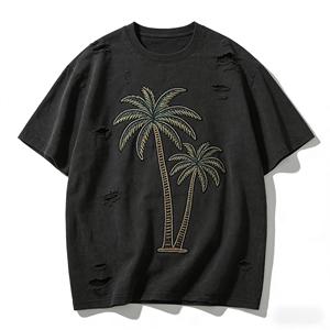 Camiseta Urbana Personalizada, Negra, Lavada, Estilo Vintage, Oversize, con Bordado Estilo <span class=keywords><strong>Death</strong></span> Metal y Agujeros - Product Image 1