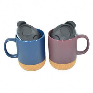Tazas de Café de Cerámica con Base de Corcho, 15 oz, Taza Estética Neutral, Tapa Antiderrames y Asa, Color Morandi Mate, para Empleados - Product Image 4