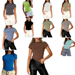 T-shirt en coton pour femme, couleur bordeaux, manches courtes, col rond, coupe ajustée, décontracté, couleur unie, à porter toute l'année - Product Image 2