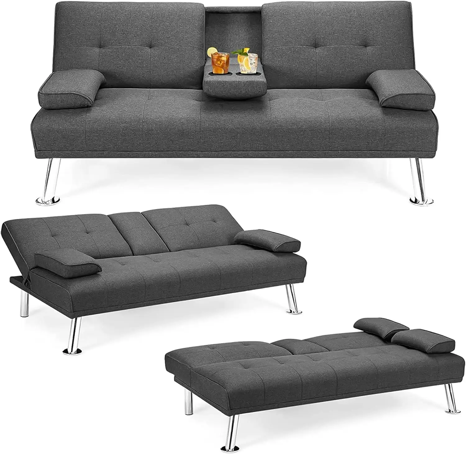 OEM/ODM con 2 portavasos ocultos, sofá de tela de lino con futón con mechones, Cama, sofá cama, sofá cama, sofá convertible ajustable de 3 ángulos