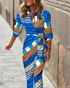 Abbigliamento Donna Nuovo Vestito a Righe alla Moda con Colletto Stampato <span class=keywords><strong>e</strong></span> Allacciatura Lunghezza Media - Product Image 6