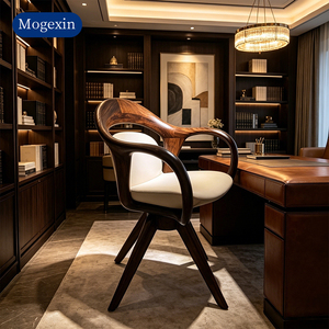 New Chinese Style Solid Wood Accent Chair Curved Armrest Leather Upholstered <b>Study</b> <b>Desk</b> Chair for Home Office - Product Image 1