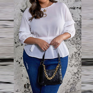 העליון שרוול שלושה רבעי מוצק אלגנט לנשים עם עלים עגולים חצי-גובי בתוספת גודל חגורת החולצה גודל קישוט הדפסה אלגנטי - Product Image 6