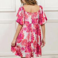Robe d'été décontractée rose à fleurs pour femme, col carré, manches bouffantes, coupe trapèze légère et fluide, style bohème, direct usine