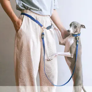 Adjustable Length Pet Nylon Webbing Leash Hands-free Soft Vegan Leather Handle Waist Dog Leash Puppy Leash