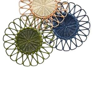 New Design Brown Rattan Bohemian Eco-Friendly <b>Placemat</b> Charger Handwoven Flower Patterned <b>Coaster</b> <b>Set</b> Wedding Table Decoration - Product Image 1