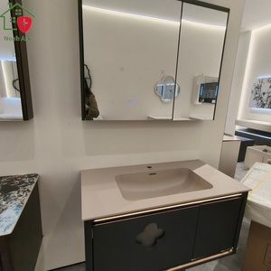 Meuble de salle de bain noir de luxe avec miroir de rangement, lavabo mural en or rose givré - Product Image 6