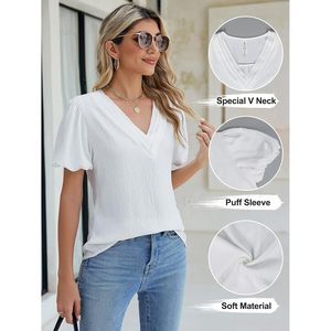 Blusa blanca para mujer con cuello en V, manga corta abullonada, gasa transpirable, top de verano, atuendo informal de trabajo - Product Image 3