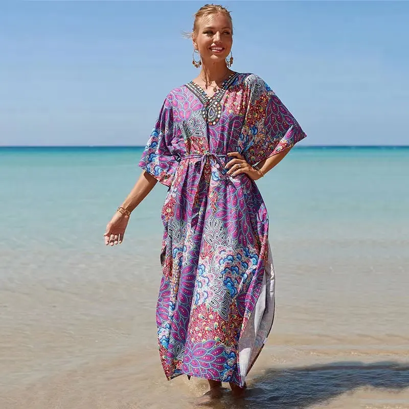 beach wear elegant custom print sarong kaftan women beach dress cover up