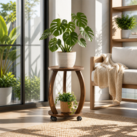 Support à plantes roulant en bois à 2 niveaux, table d'appoint polyvalente, étagère ronde mobile pour pots de fleurs avec roulettes
