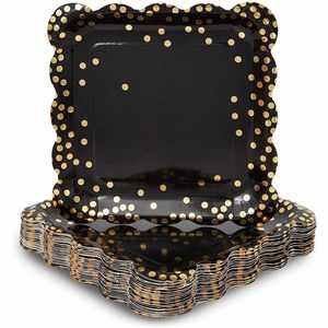 Modern <b>Square</b> Confetti Paper <b>Plate</b> <b>Set</b> with Scalloped Edge Hot Selling Black Tableware for Thanksgiving Ramadan Eid celebrations - Product Image 1