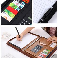 Estuche de archivo de cartera de cuero PU multifunción A4 de lujo con cremallera Carpeta y Calculadora de administrador de logotipo personalizado