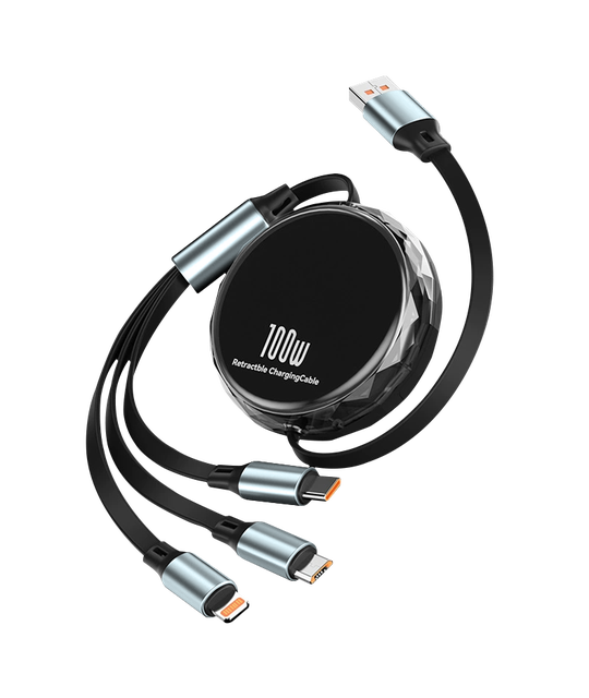 100W Retractable 3 in 1 Charging Cable Multi-Port Fast Charging Adapter USB Type-C 8-Pin Micro Mobile Phone Universal Devices