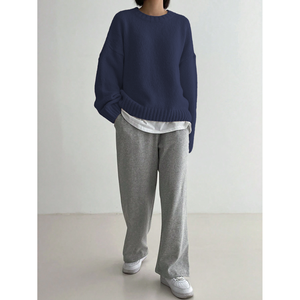 Pull ample à col rond et épaules tombantes pour femme, bleu marine, tricoté, manches longues, tenue décontractée - Product Image 3