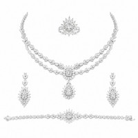 Bride Talk 3A Parure de bijoux de déclaration en cuivre avec zircone cubique CZ, motif pétales coniques multi-niveaux et finition brillante, comprenant Collier, Bague, Boucles d'oreilles et Bracelet