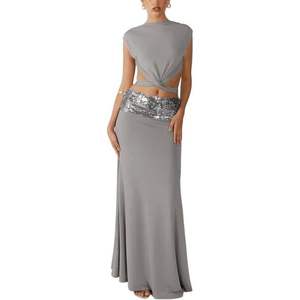 Ensemble élégant 2 pièces pour femme : haut sans manches et jupe longue avec ceinture à sequins en satin, idéal pour les soirées et les fêtes - Product Image 6