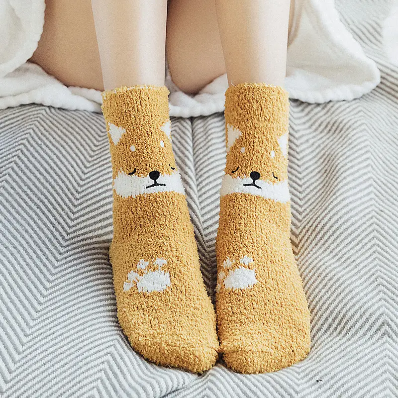 Socks Coral Fleece Winter Thicken Plus Fleece Warm Home Sleep Cute Cartoon Plush Socks