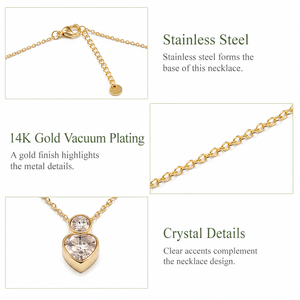 Collier pendentif en cristal en forme de cœur, acier inoxydable, cristal plaqué or 14 carats sous vide, chaîne réglable, ton or et argent - Product Image 2