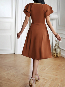 Vestido Midi Elegante y Versátil para Mujer, Color Caramelo, con Mangas con Volantes, Cuello <span class=keywords><strong>en</strong></span> V, Cintura Cruzada, Plisado, Corte <span class=keywords><strong>en</strong></span> A - Product Image 2