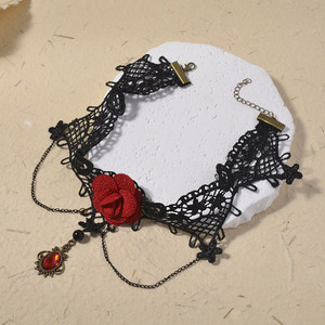 Collar <span class=keywords><strong>de</strong></span> encaje vintage con rosa <span class=keywords><strong>roja</strong></span> para mujer, colgante <span class=keywords><strong>de</strong></span> <span class=keywords><strong>gema</strong></span> con borlas, accesorios <span class=keywords><strong>de</strong></span> joyería para vestido - Product Image 3