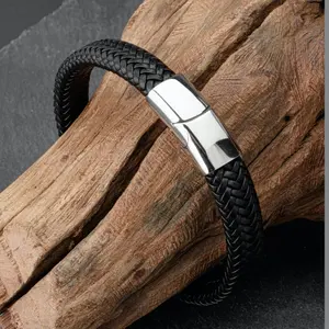 Fashionable Men's Black Customized Carved Authentic Bracelet Fashionable Leather Rope Chain Charming Cuff Bracelet