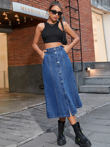 <span class=keywords><strong>Jupe</strong></span> longue décontractée pour femme, taille haute, boutonnée sur le devant, fendue, évasée, en <span class=keywords><strong>jean</strong></span> délavé, longueur midi – Grande Vente - Product Image 4
