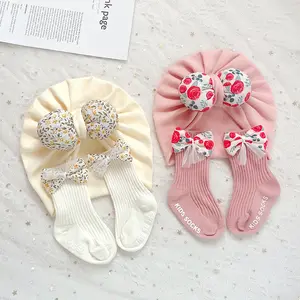 Baby Socks Cap Set Girls Lace Flower Ribbed Short Tube Sock+ Turban Hat For Autumn Beige/Pink