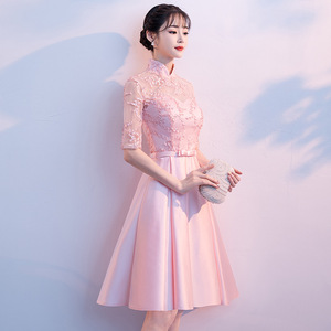 Pink Chinese Style Evening Dress Women Short Formal Banquet Dress With Zipper Polyester Fiber - Product Image 4