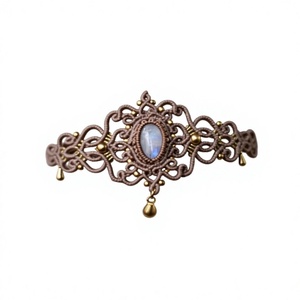 Collar de Gargantilla Hecho a Mano con Macramé Color Taupe y Piedra Lunar, Joyería Ajustable con Cuentas Doradas Estilo Boho para Mujer - Product Image 1