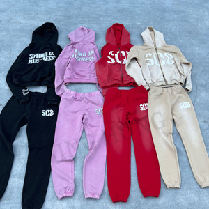 Vêtements de rue brodés d'autocollants de différentes couleurs, ensemble de survêtement en éponge avec fermeture éclair, ensemble de survêtement lavé à l'acide - Product Image 5